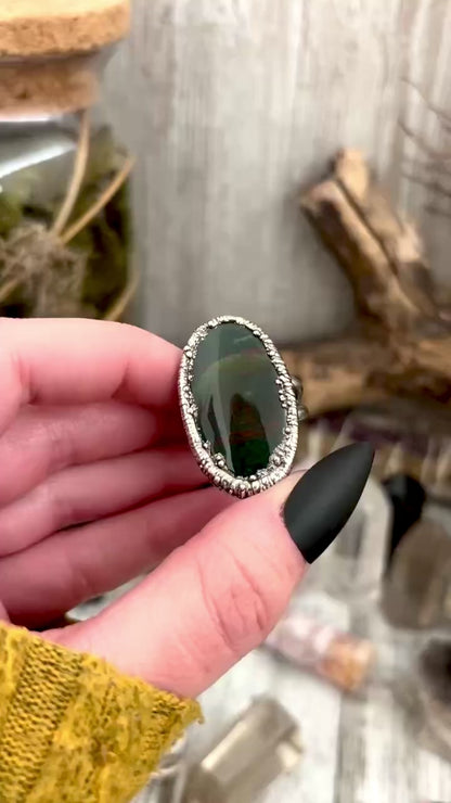 Green Bloodstone Crystal Statement Ring Size 11 Fine Silver  / Foxlark Collection