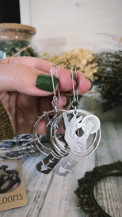 Fortune Teller Earrings Sterling Silver & Stainless Steel Earrings/  Evil Eye Moon Earrings  - Long Dangly Geometric Earrings