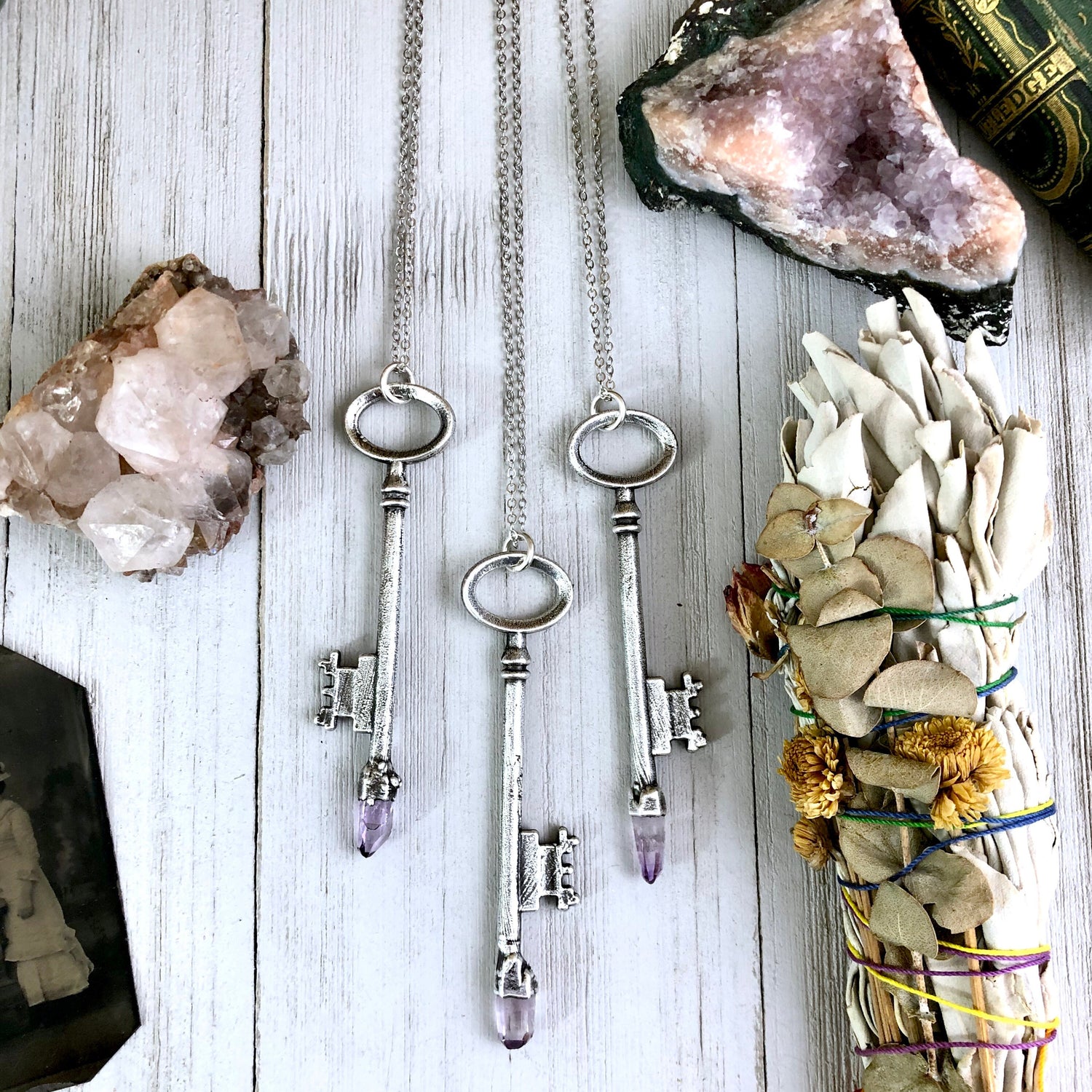 Raw Vera Cruz Amethyst Crystal Vintage Skeleton Key Necklace Pendant in Fine Silver  / Foxlark Collection - One of a Kind.