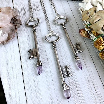 Raw Vera Cruz Amethyst Crystal Vintage Skeleton Key Necklace Pendant in Fine Silver  / Foxlark Collection - One of a Kind.