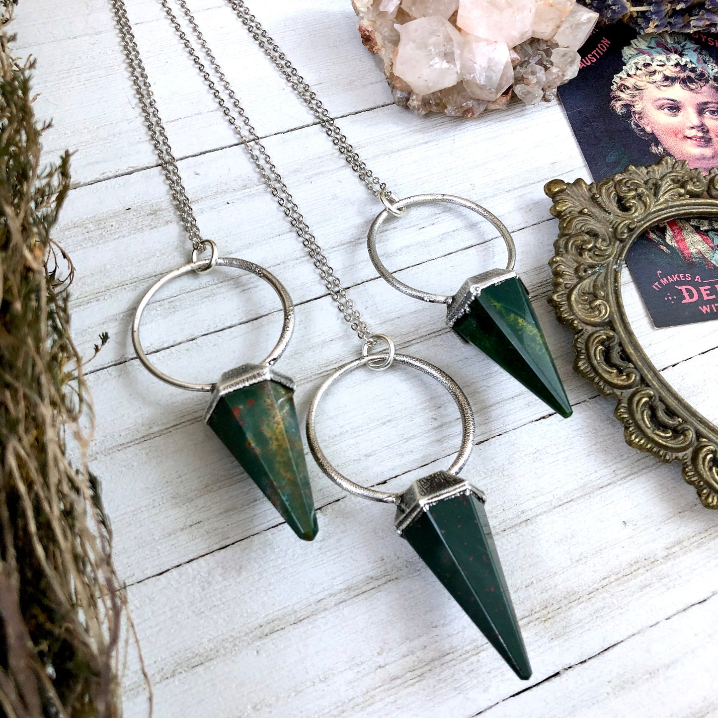 Silver Crystal Pendulum Necklace / Bloodstone Necklace in Silver.