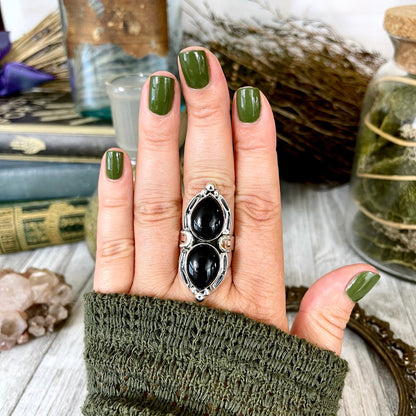 Mystic Moons Black Onyx Crystal Ring in Solid Sterling Silver- Designed by FOXLARK Collection Size 6 7 8 9 10 / Gothic Jewelry.