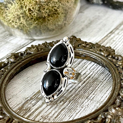 Mystic Moons Black Onyx Crystal Ring in Solid Sterling Silver- Designed by FOXLARK Collection Size 6 7 8 9 10 / Gothic Jewelry.