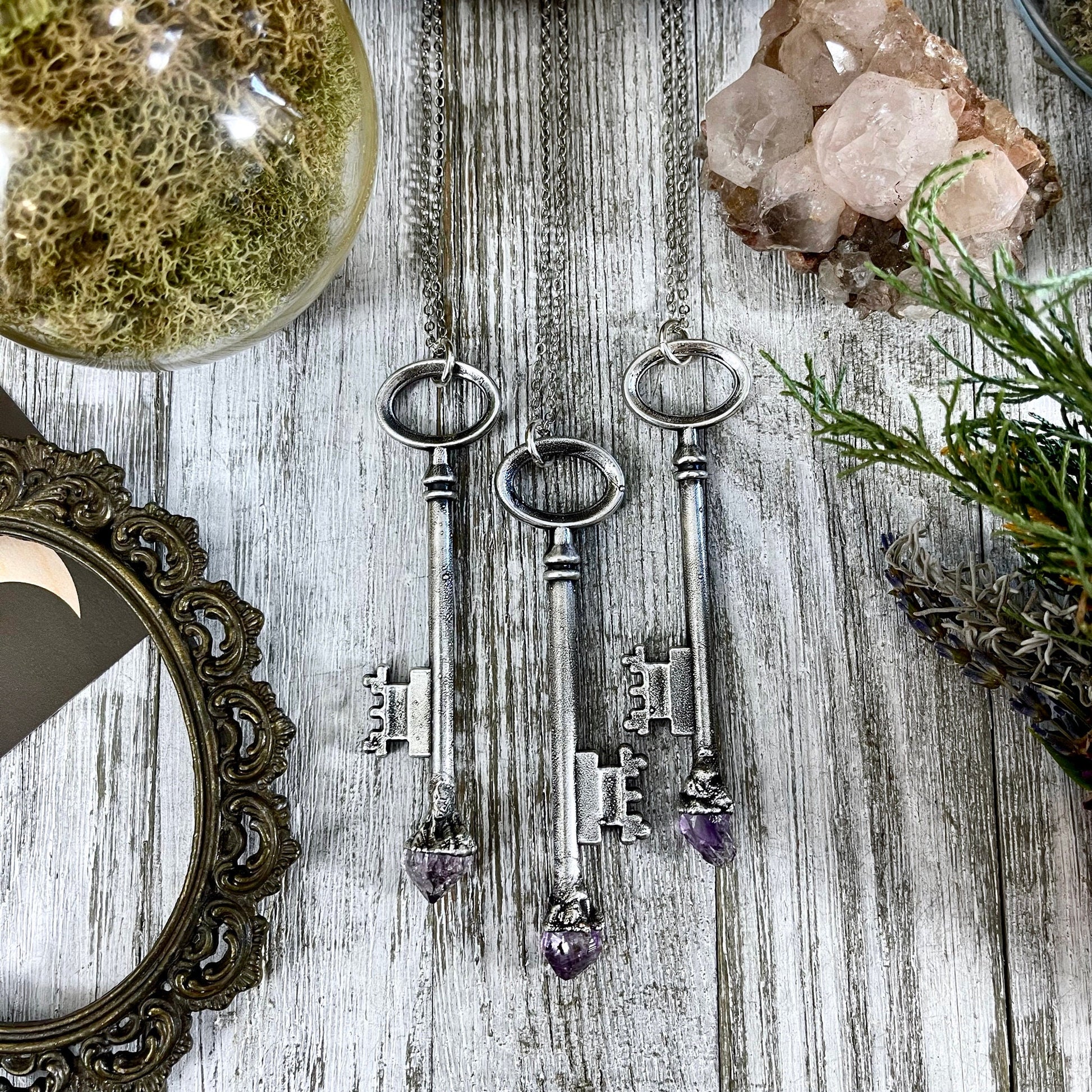 Raw Amethyst Crystal Vintage Skeleton Key Necklace Pendant in Fine Sil –  Foxlark Crystal Jewelry