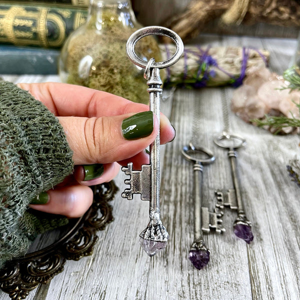 Victorian skeleton key necklace in bronze with with an amethyst crystal  heart