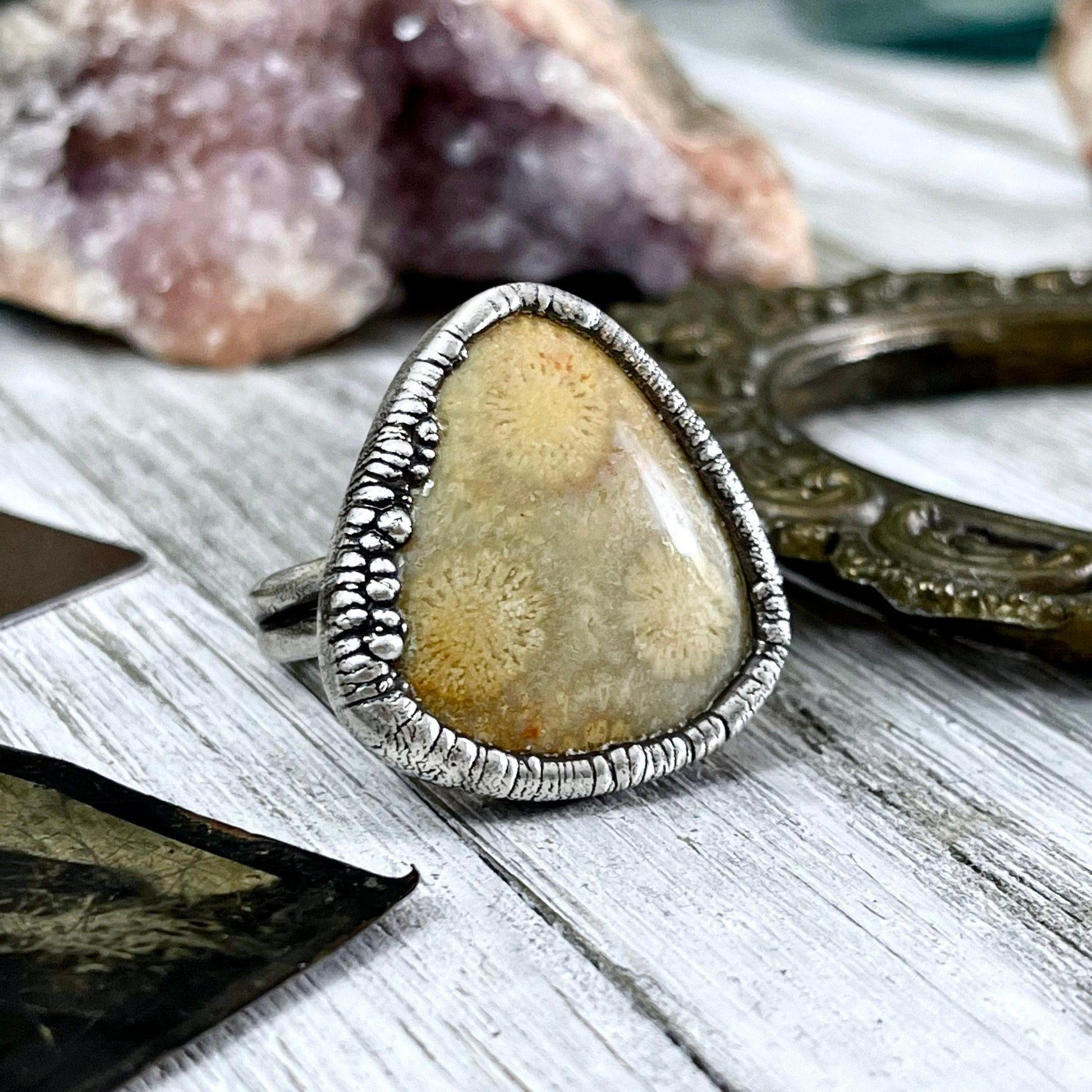 big Silver ring, Big Statement ring, Bohemian Jewelry, Bohemian Ring, Boho Crystal Jewelry, Boho Ring, Crystal Jewelry, Crystal Ring, Etsy ID: 1138583383, Fossil Coral Ring, FOXLARK- RINGS, Gypsy Jewelry, Jewelry, Large Stone Ring, Natural Stone Ring, Rin