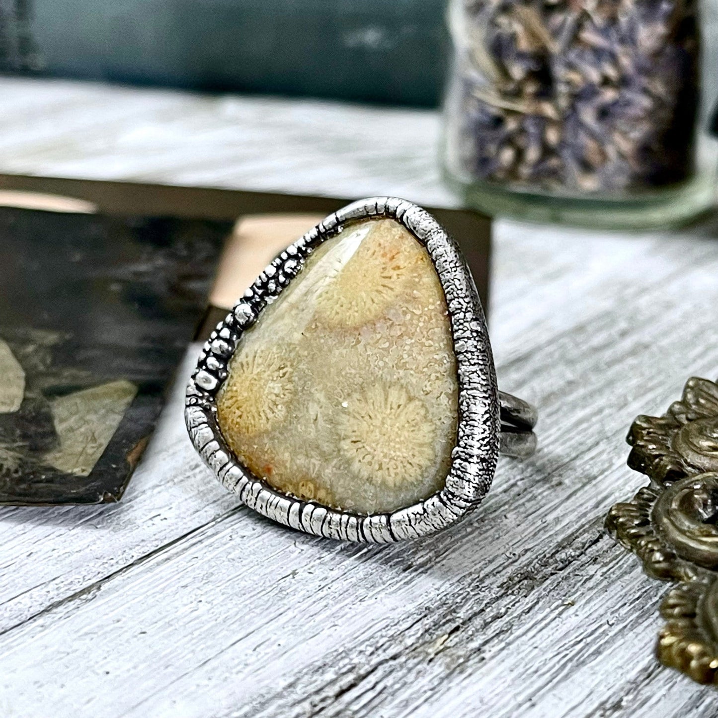 big Silver ring, Big Statement ring, Bohemian Jewelry, Bohemian Ring, Boho Crystal Jewelry, Boho Ring, Crystal Jewelry, Crystal Ring, Etsy ID: 1138583383, Fossil Coral Ring, FOXLARK- RINGS, Gypsy Jewelry, Jewelry, Large Stone Ring, Natural Stone Ring, Rin