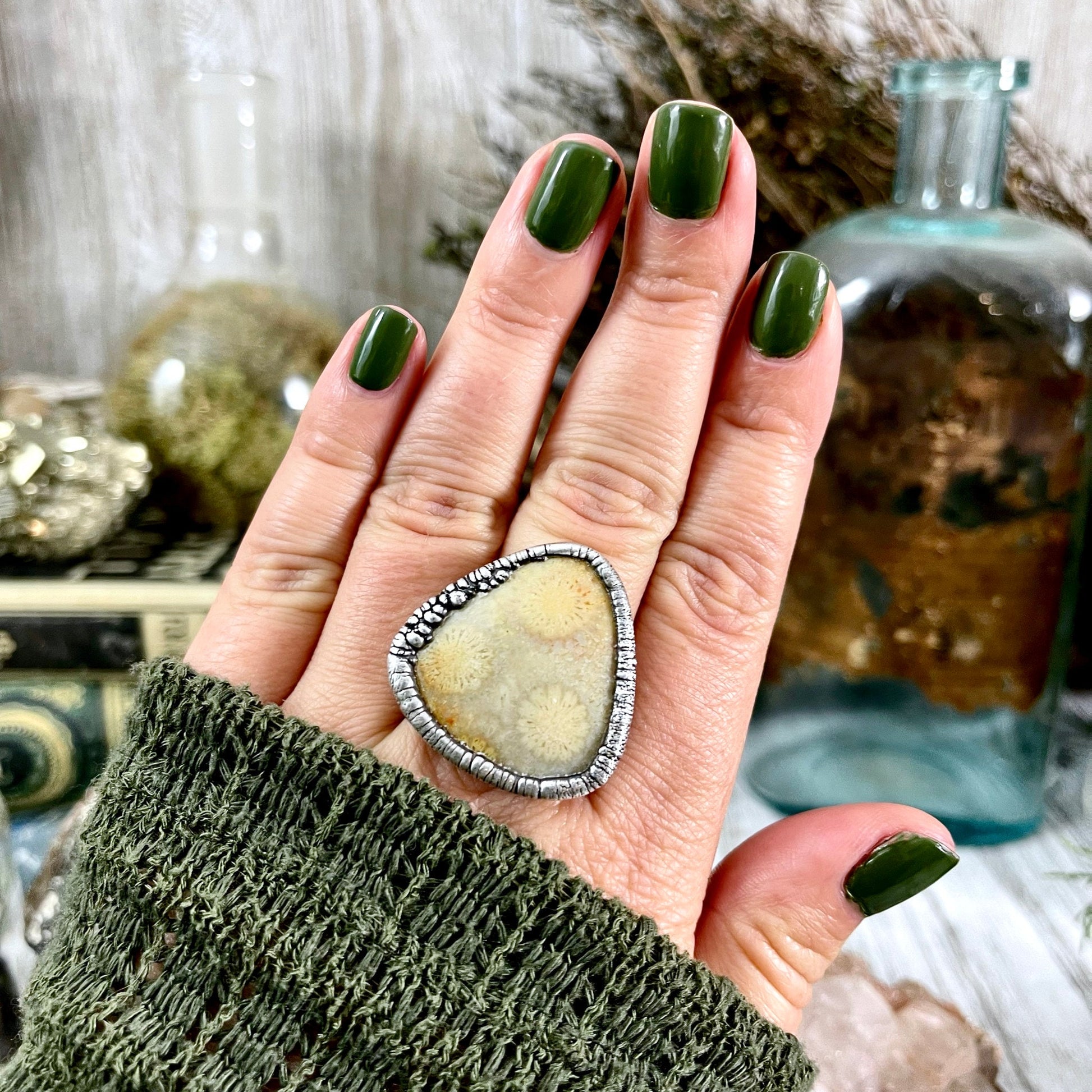 big Silver ring, Big Statement ring, Bohemian Jewelry, Bohemian Ring, Boho Crystal Jewelry, Boho Ring, Crystal Jewelry, Crystal Ring, Etsy ID: 1138583383, Fossil Coral Ring, FOXLARK- RINGS, Gypsy Jewelry, Jewelry, Large Stone Ring, Natural Stone Ring, Rin