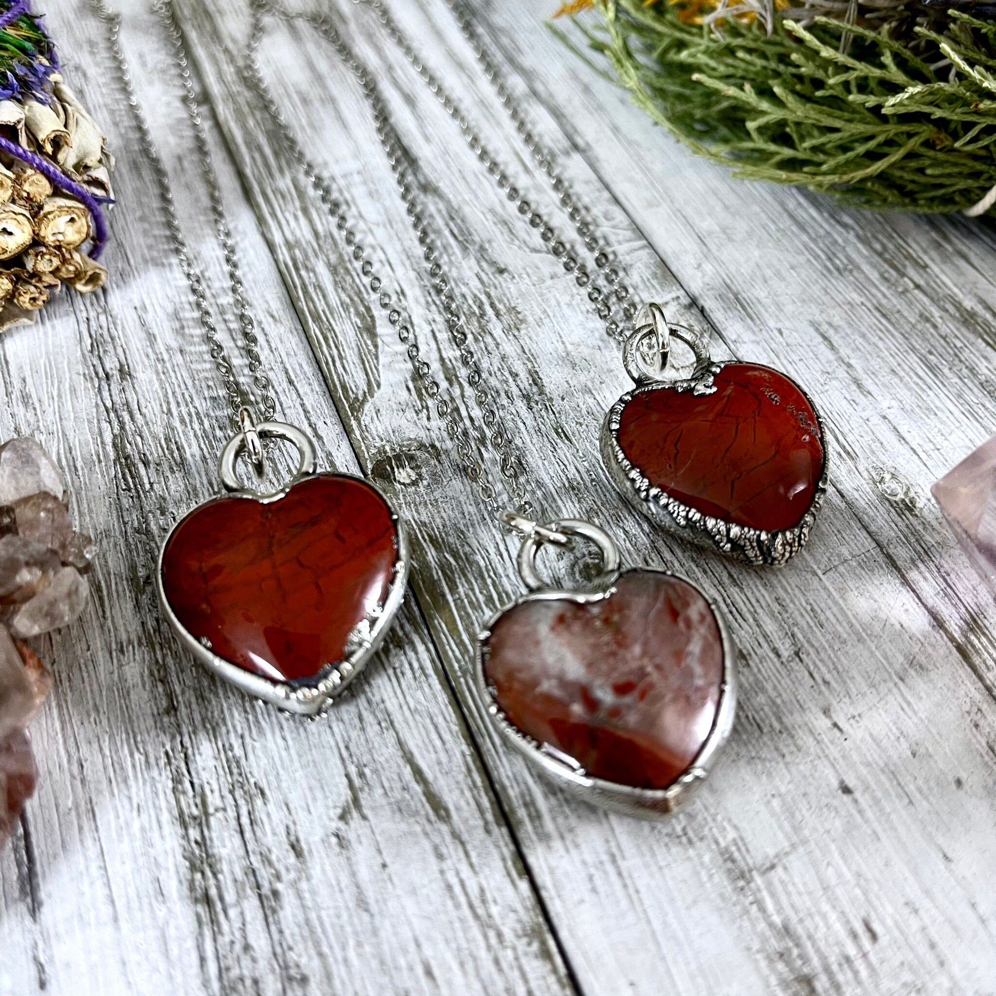 Red Jasper Crystal Heart Necklace in Fine Silver / Stone Pendant / Gift for Her Heart Shaped Necklace