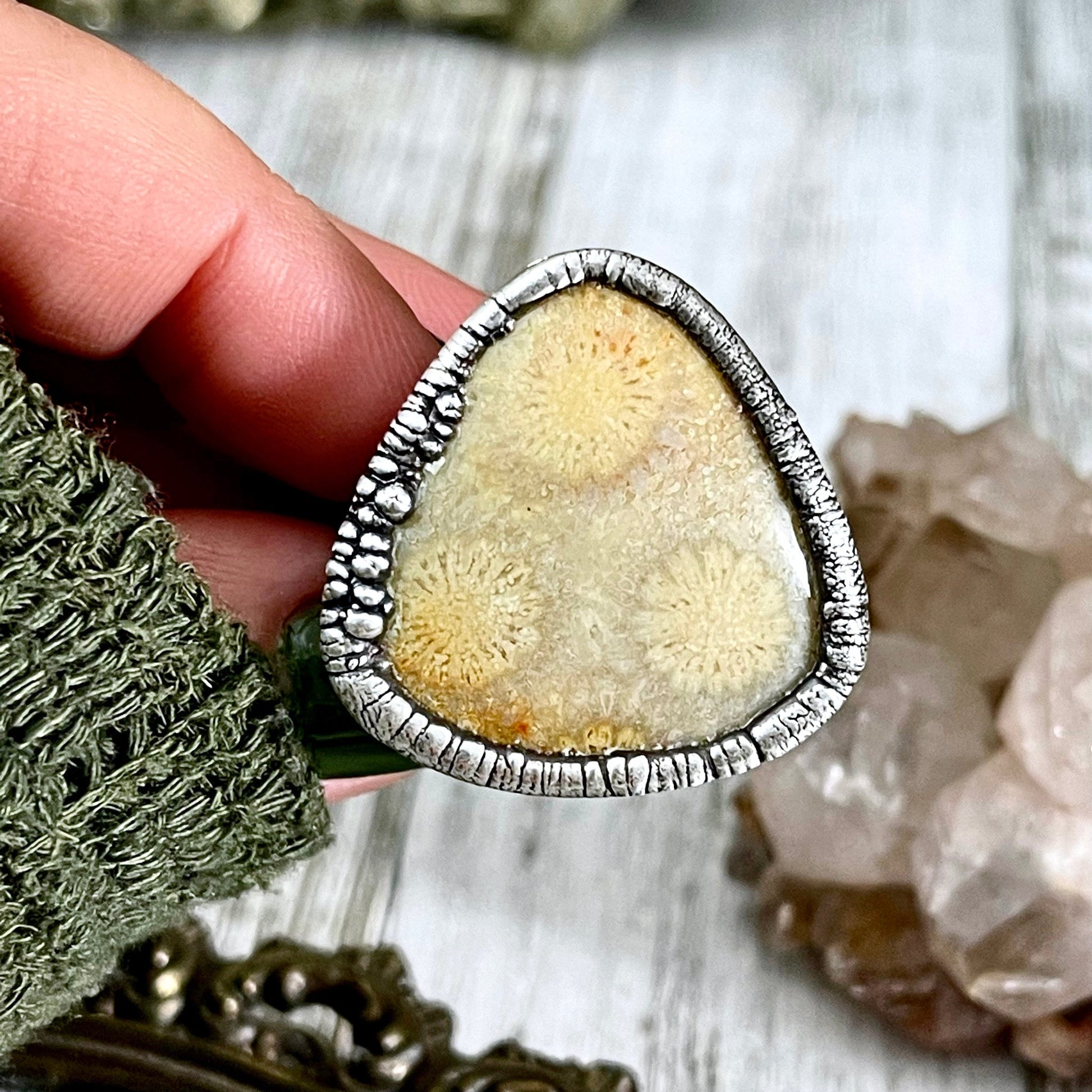 big Silver ring, Big Statement ring, Bohemian Jewelry, Bohemian Ring, Boho Crystal Jewelry, Boho Ring, Crystal Jewelry, Crystal Ring, Etsy ID: 1138583383, Fossil Coral Ring, FOXLARK- RINGS, Gypsy Jewelry, Jewelry, Large Stone Ring, Natural Stone Ring, Rin