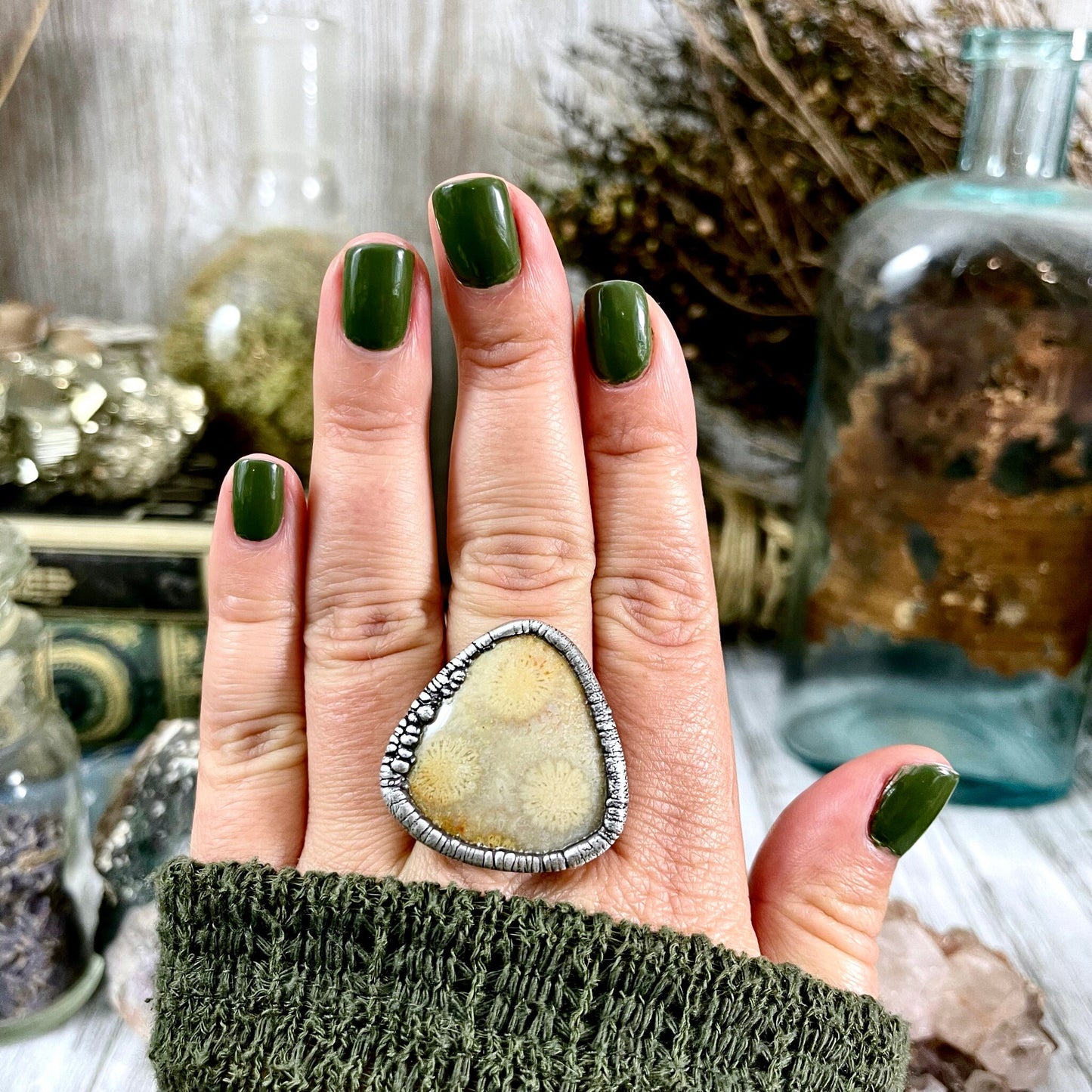 big Silver ring, Big Statement ring, Bohemian Jewelry, Bohemian Ring, Boho Crystal Jewelry, Boho Ring, Crystal Jewelry, Crystal Ring, Etsy ID: 1138583383, Fossil Coral Ring, FOXLARK- RINGS, Gypsy Jewelry, Jewelry, Large Stone Ring, Natural Stone Ring, Rin