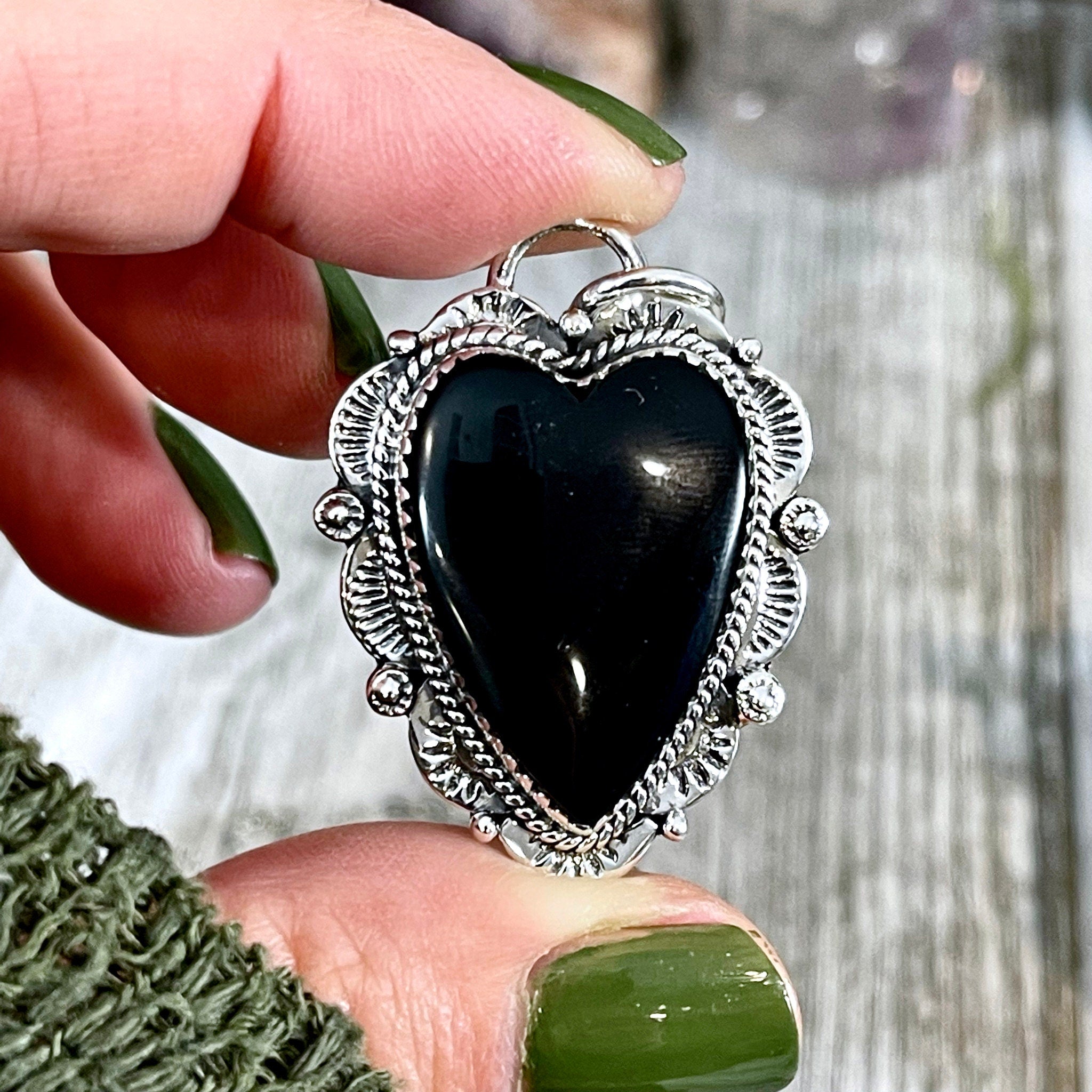 Black Onyx Crystal Heart Necklace in Sterling Silver -Designed by 