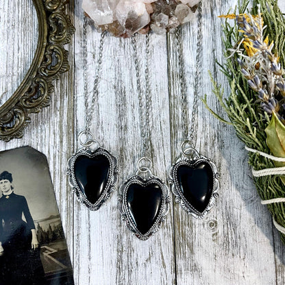 Black Onyx Crystal Heart Necklace in Sterling Silver  -Designed by FOXLARK Collection / Witchy Necklace Goth Jewelry.