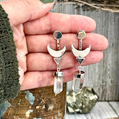 Crescent Moon Ear Jacket Earrings with Natural Clear Quartz Crystals set in Brass or Sterling Silver.