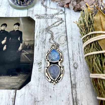 Rainbow Moonstone Mystic Moon Crystal Statement Necklace in Sterling Silver / Designed by FOXLARK Collection.