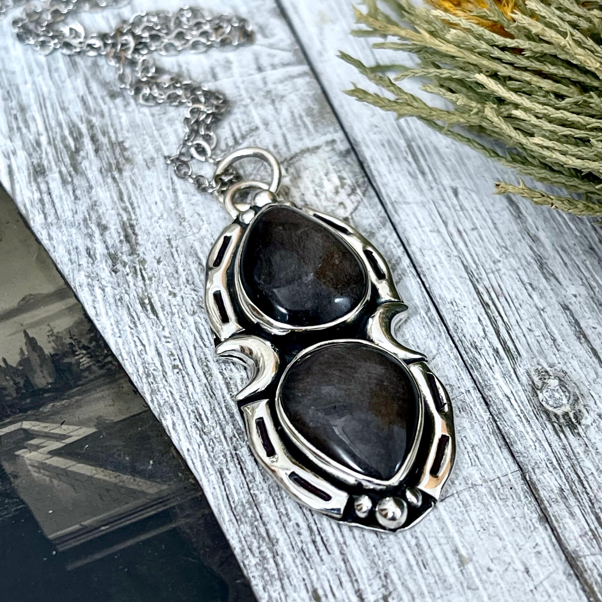 Silver 2024 sheen obsidian crystal necklace handmade gothic metalwork fantasy style