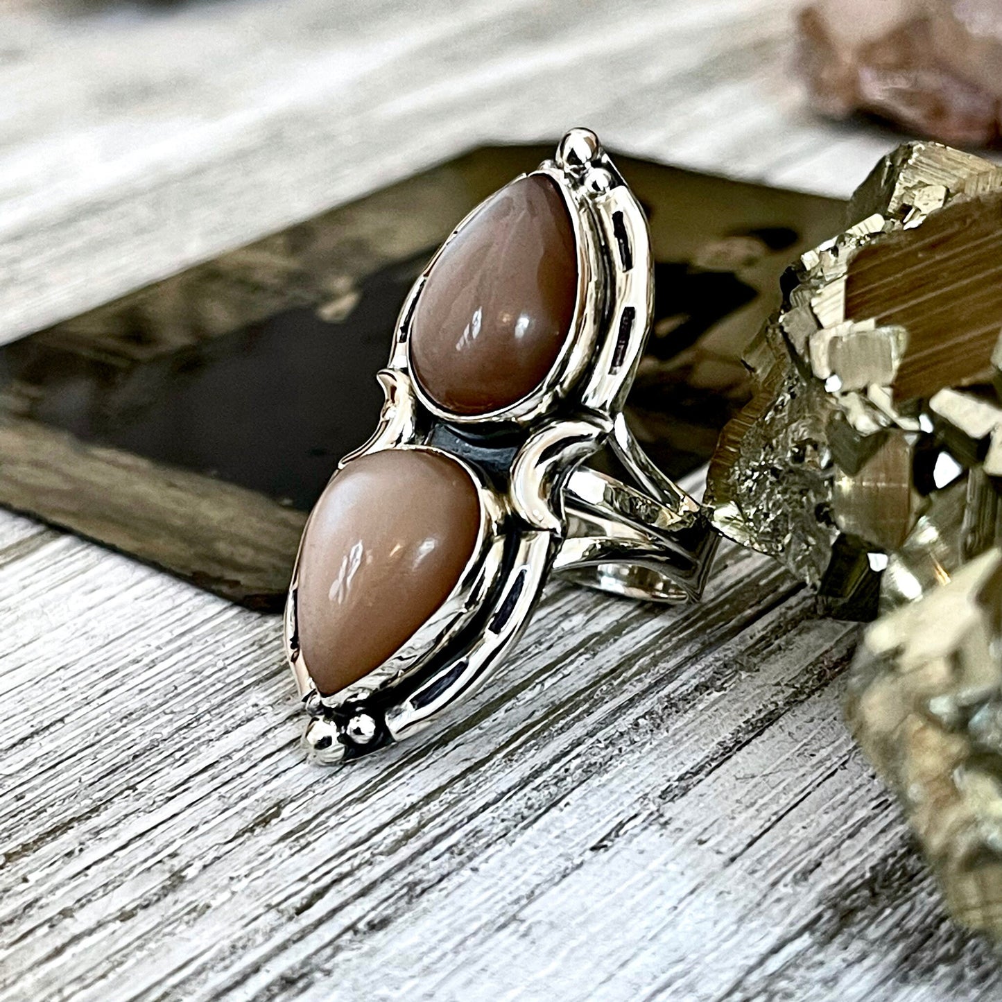 Big crystal ring, Big stone ring, boho jewelry, boho ring, Etsy ID: 1218761324, Foxlark Alchemy, FOXLARK- RINGS, gypsy ring, Jewelry, Moon Jewelry, Moonstone Jewelry, Moonstone Ring, Peach Moonstone, Rings, Statement Ring, Statement Rings, Wholesale, Witc