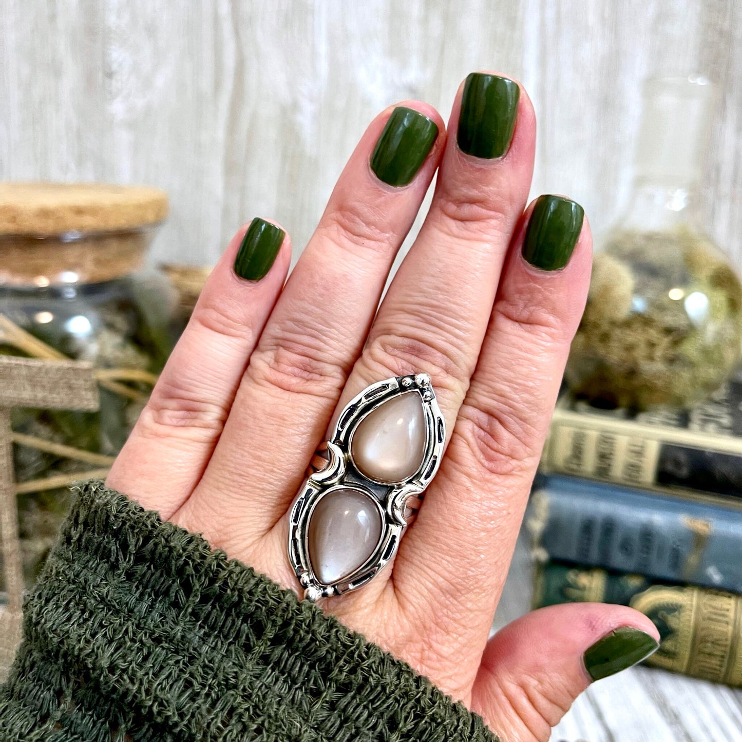 Big crystal ring, Big stone ring, boho jewelry, boho ring, Etsy ID: 1218761324, Foxlark Alchemy, FOXLARK- RINGS, gypsy ring, Jewelry, Moon Jewelry, Moonstone Jewelry, Moonstone Ring, Peach Moonstone, Rings, Statement Ring, Statement Rings, Wholesale, Witc