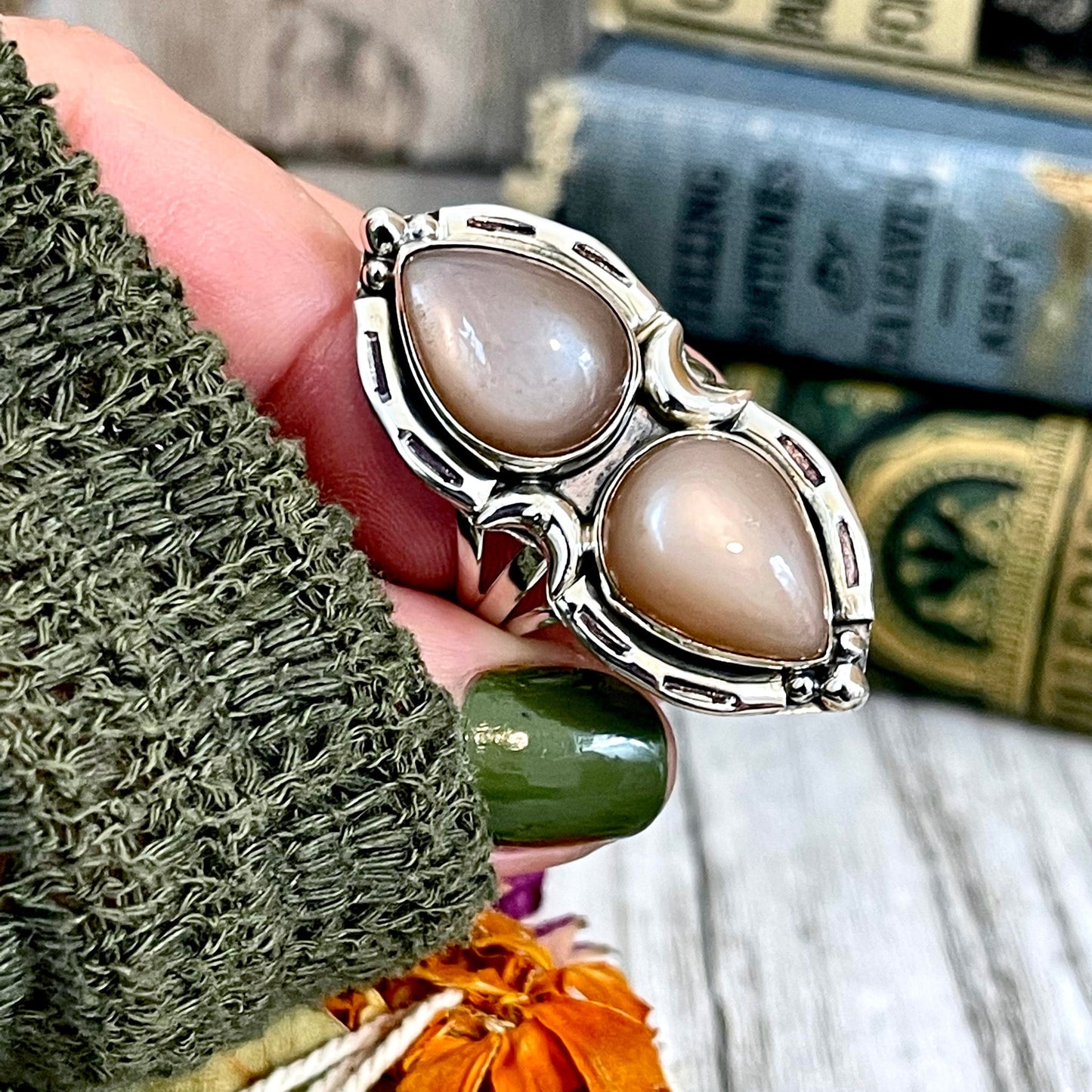 Big crystal ring, Big stone ring, boho jewelry, boho ring, Etsy ID: 1218761324, Foxlark Alchemy, FOXLARK- RINGS, gypsy ring, Jewelry, Moon Jewelry, Moonstone Jewelry, Moonstone Ring, Peach Moonstone, Rings, Statement Ring, Statement Rings, Wholesale, Witc