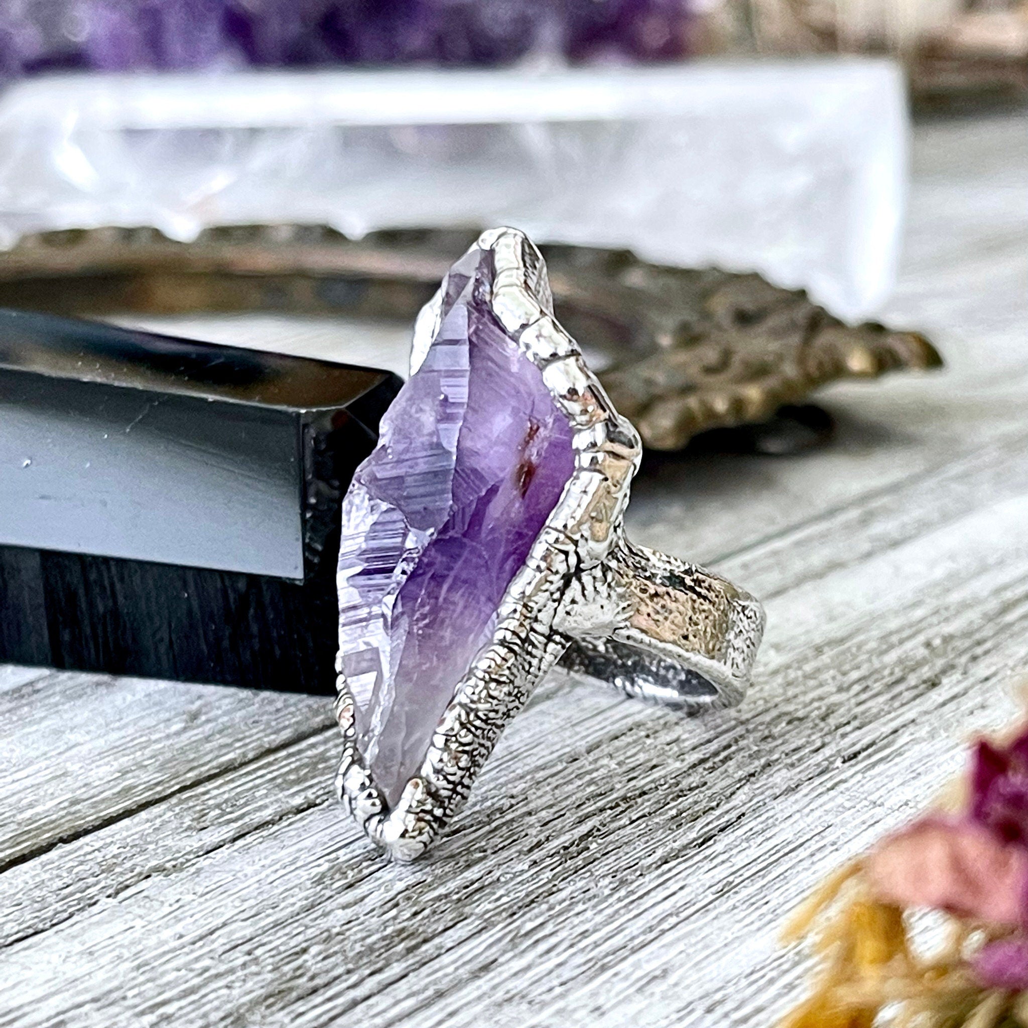 Size 7.5 Big Raw Amethyst Purple Crystal Ring in Fine outlet Silver / Foxlark Collection - One of a Kind