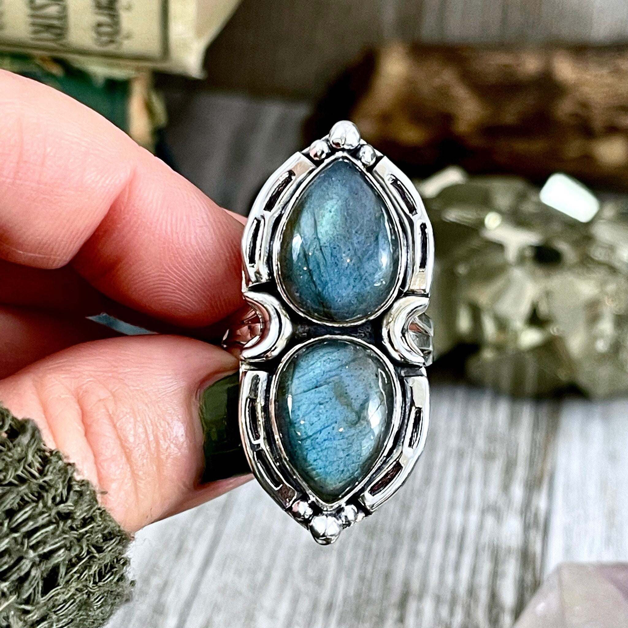 Huge labradorite ring buy adjustable crystal ring gothic metalwork fantasy jewelry