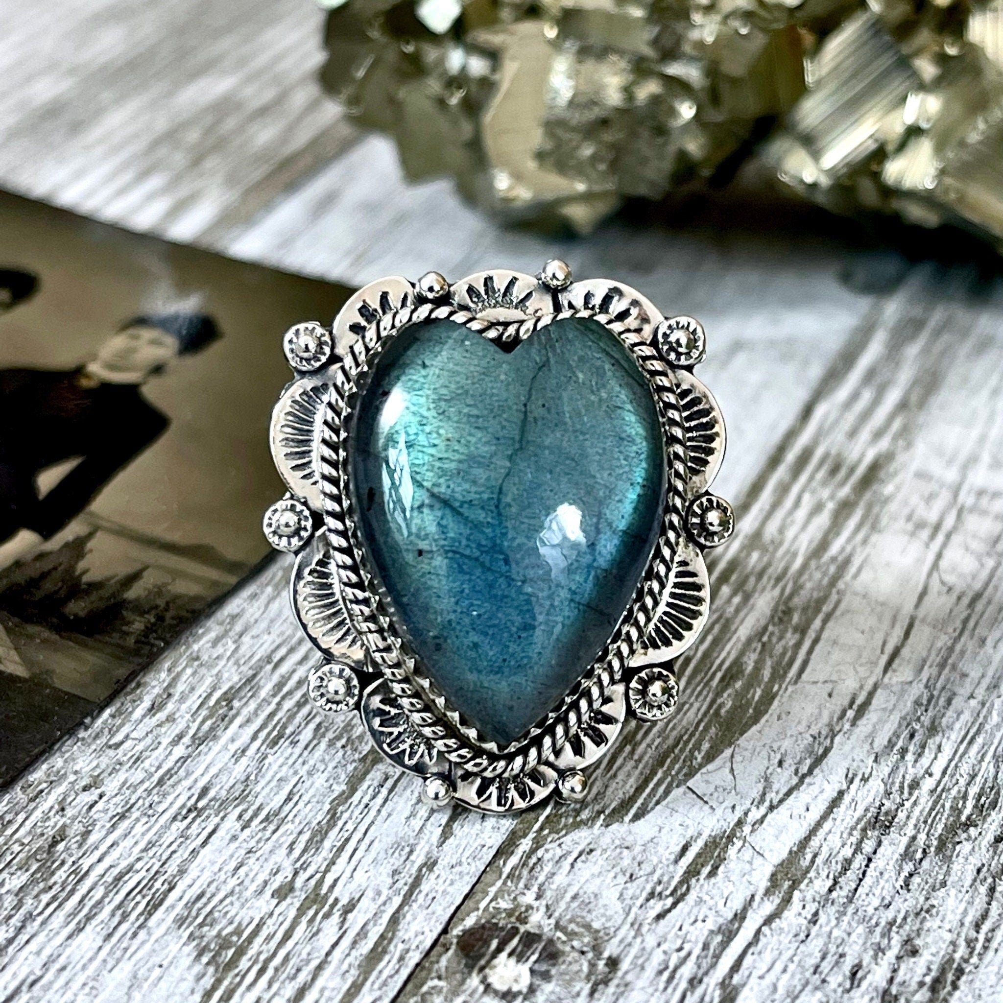 Labradorite Heart Crystal Statement Ring in Sterling Silver 925