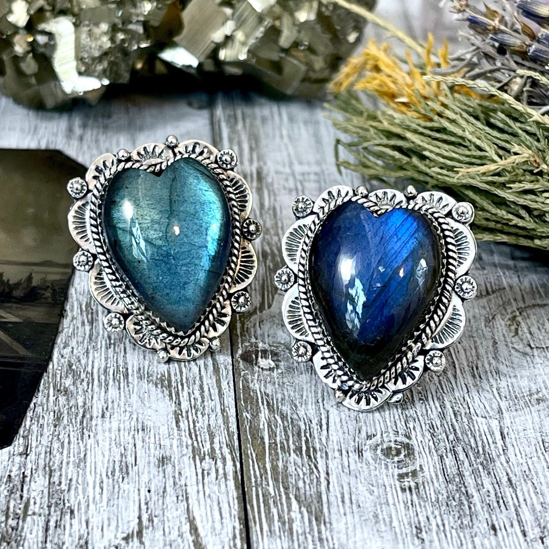 Labradorite Heart Crystal Statement Ring in Sterling Silver 925