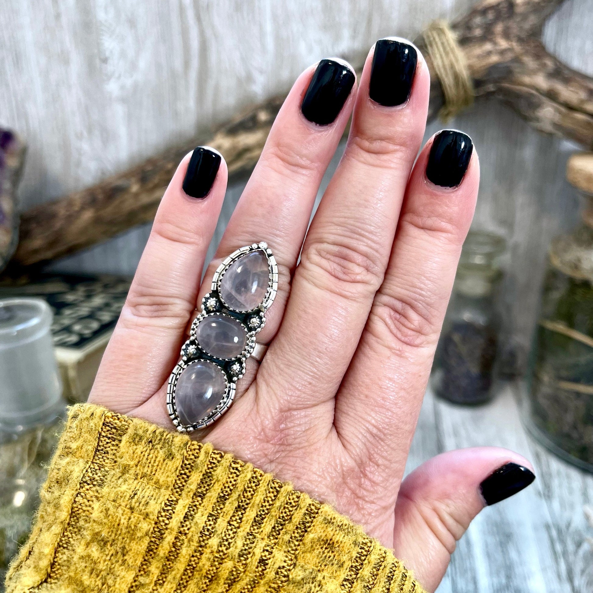 3 Stone Ring, Adjustable Ring, Big Crystal Ring, Big Stone Ring, Bohemian Ring, Boho Jewelry, Boho Ring, Etsy ID: 1319737114, Festival Jewelry, Foxlark Alchemy, Foxlark- Rings, Gift For Woman, Jewelry, Pink Crystal Jewelry, Rings, Rose Quartz Ring, Statem