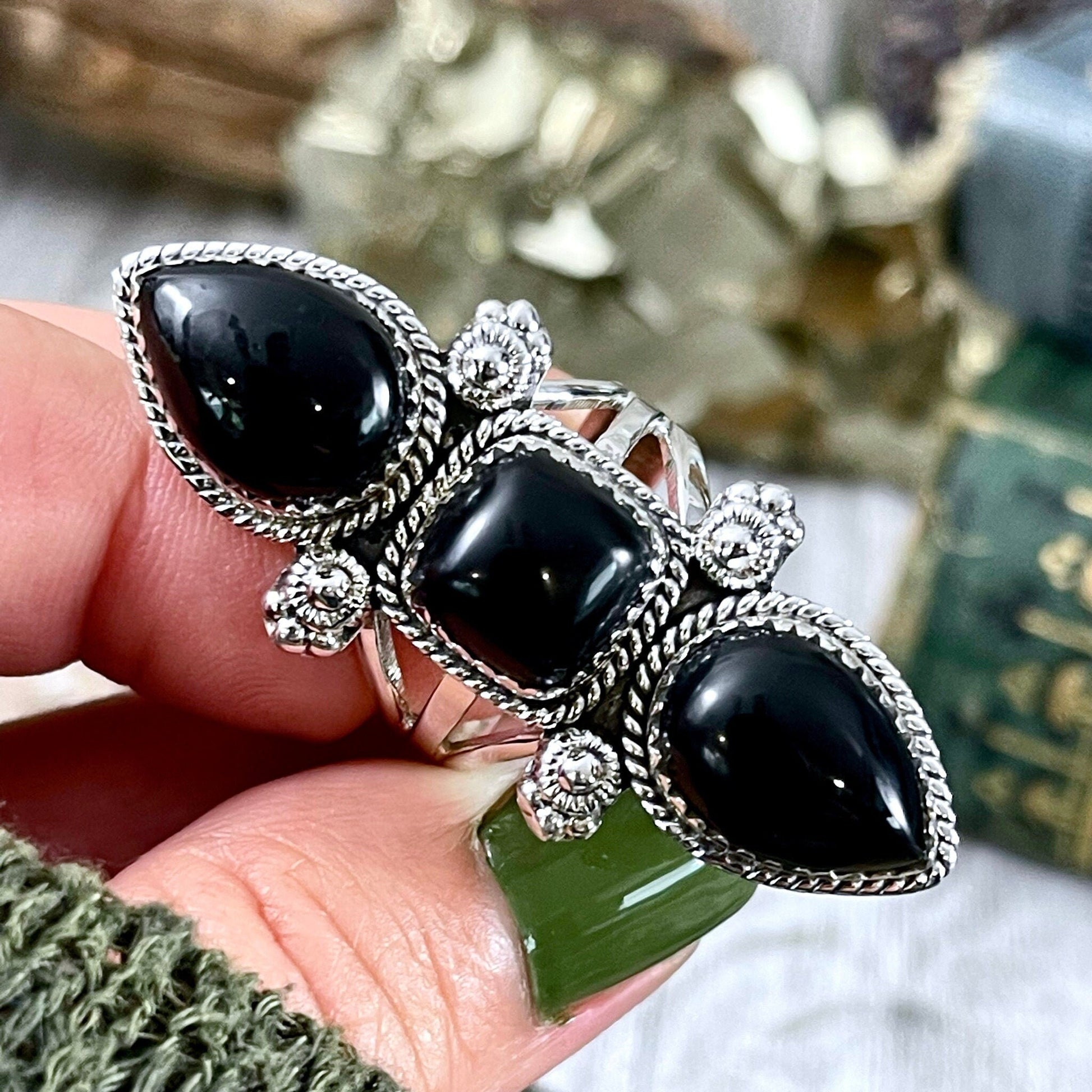 Triple Stone Silver Sheen Obsidian Ring in Solid Sterling Silver- Designed by FOXLARK Collection Size 5 6 7 8 9 10 11 / Gothic Jewelry 8