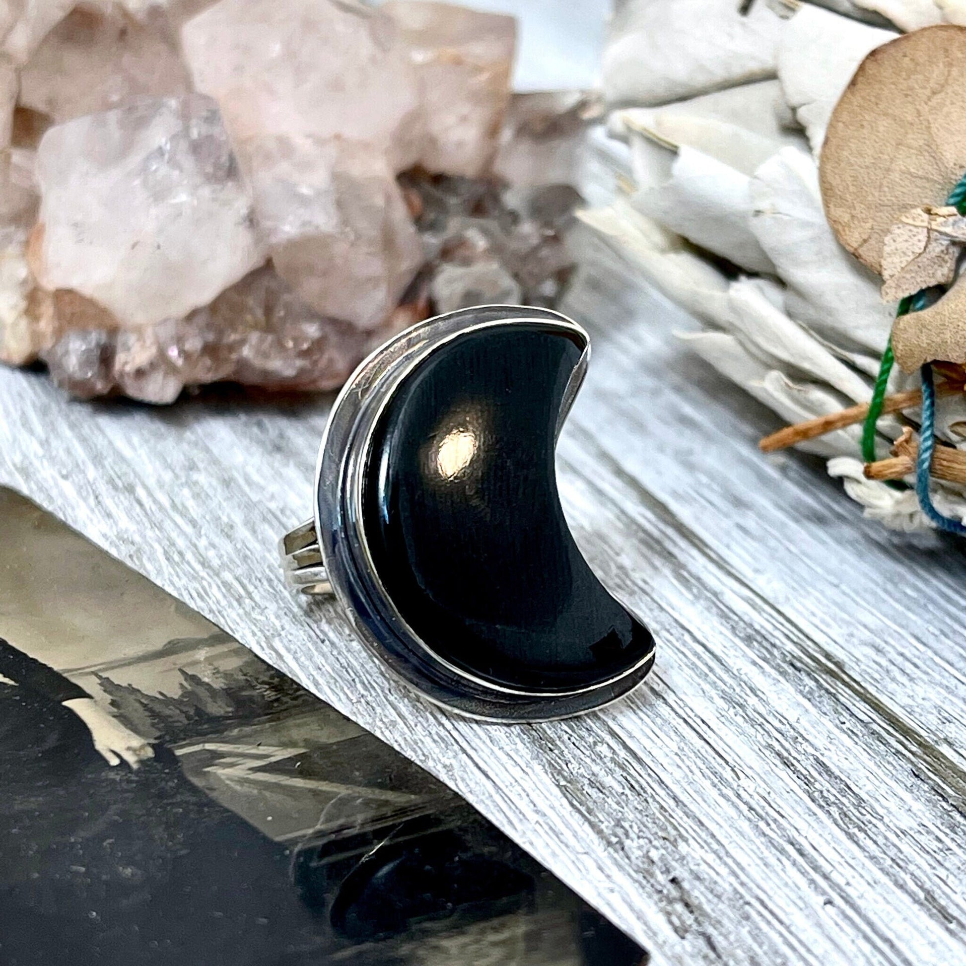 Crescent Moon Ring with Black Onyx Silver