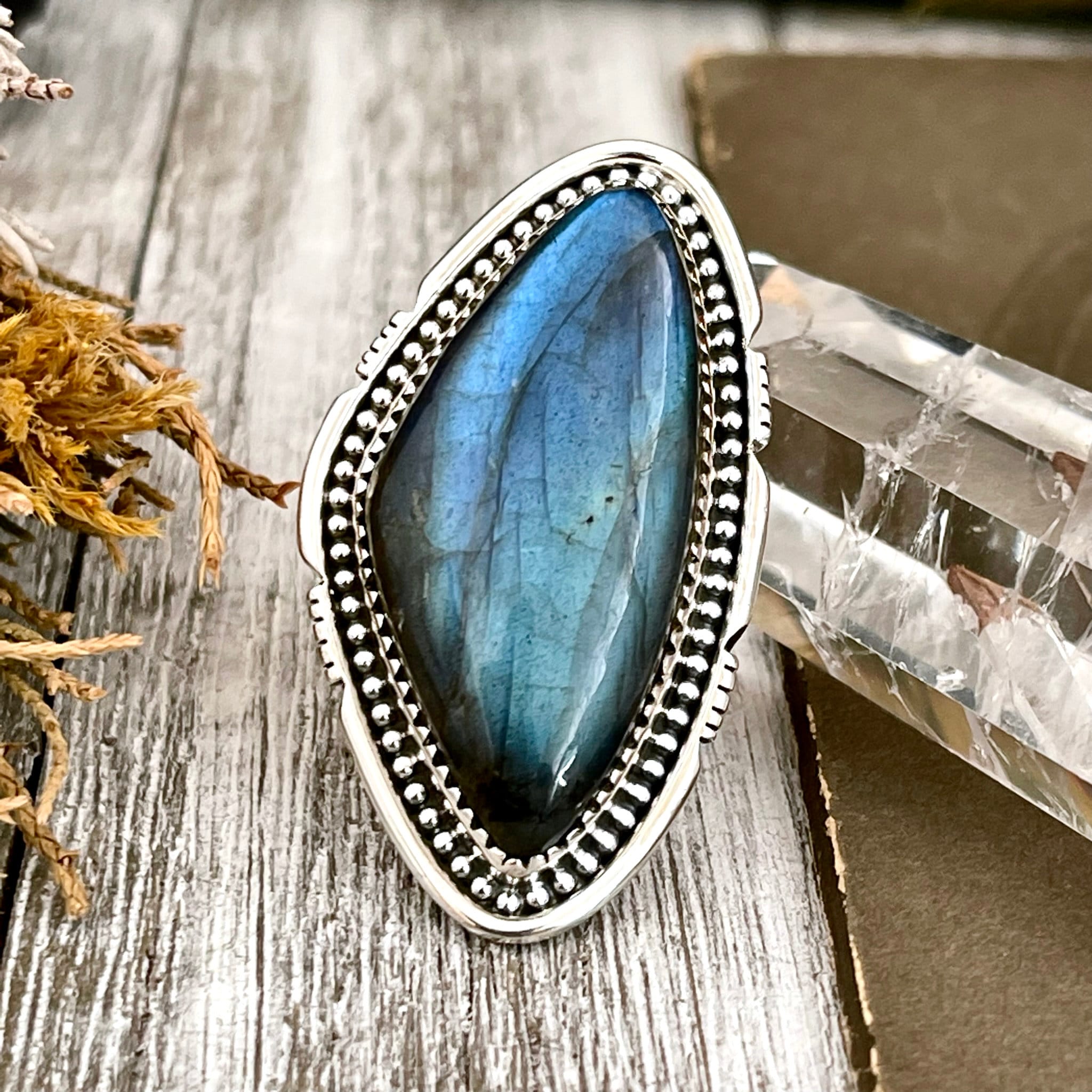 Huge labradorite ring adjustable crystal ring gothic metalwork orders fantasy jewelry