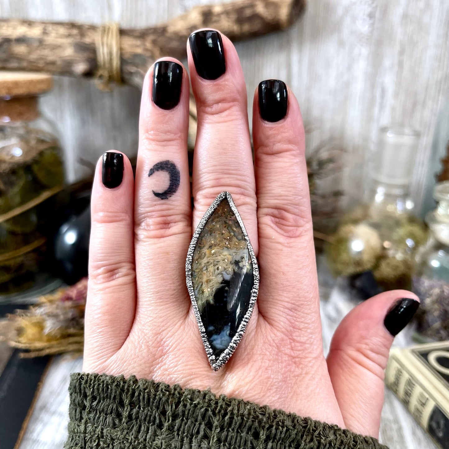 Big Bold Jewelry, Big Crystal Ring, Big Silver Ring, Big Stone Ring, Etsy ID: 1414498699, Fossilized Palm Root, FOXLARK- RINGS, Jewelry, Large Boho Ring, Large Crystal Ring, Large Stone Ring, Natural stone ring, Rings, silver crystal ring, Silver Stone Je