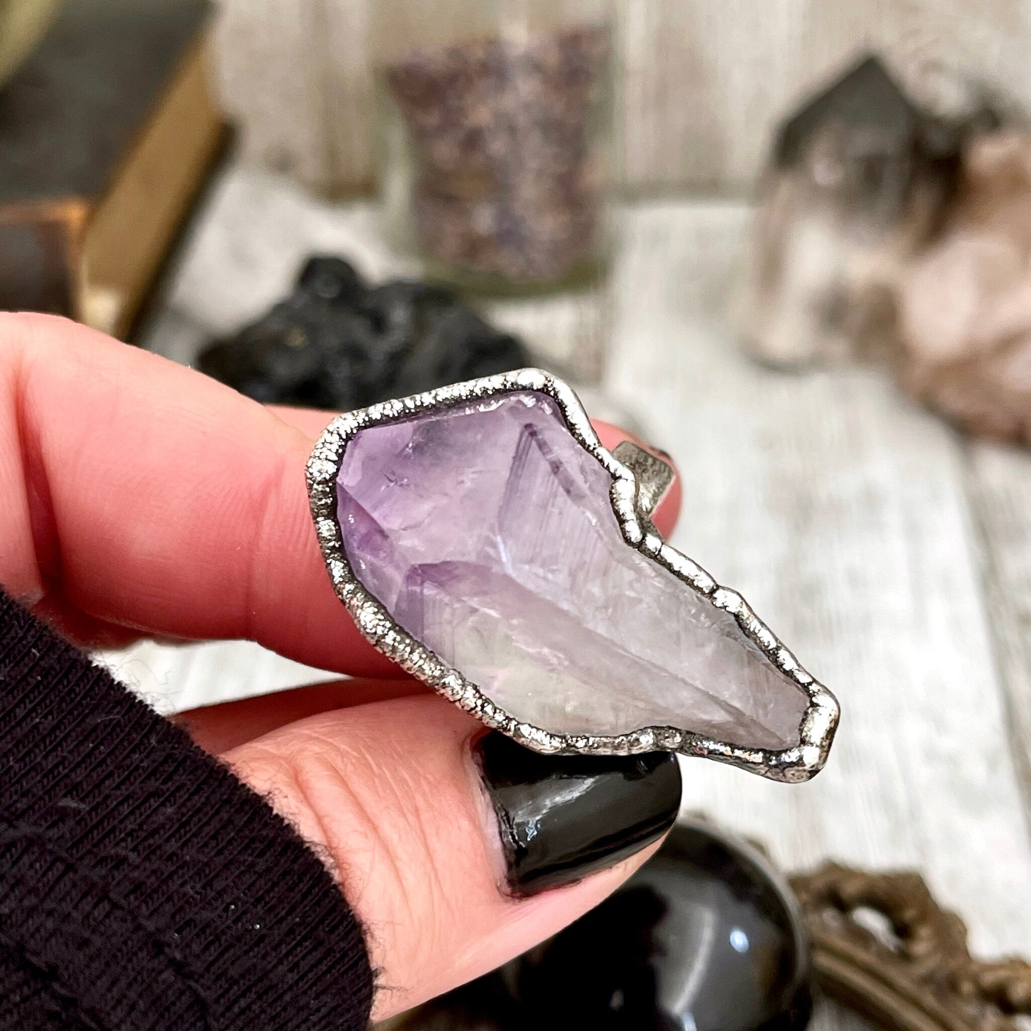 Size 7.5 Big Raw high quality Amethyst Purple Crystal Ring in Fine Silver / Foxlark Collection - One of a Kind