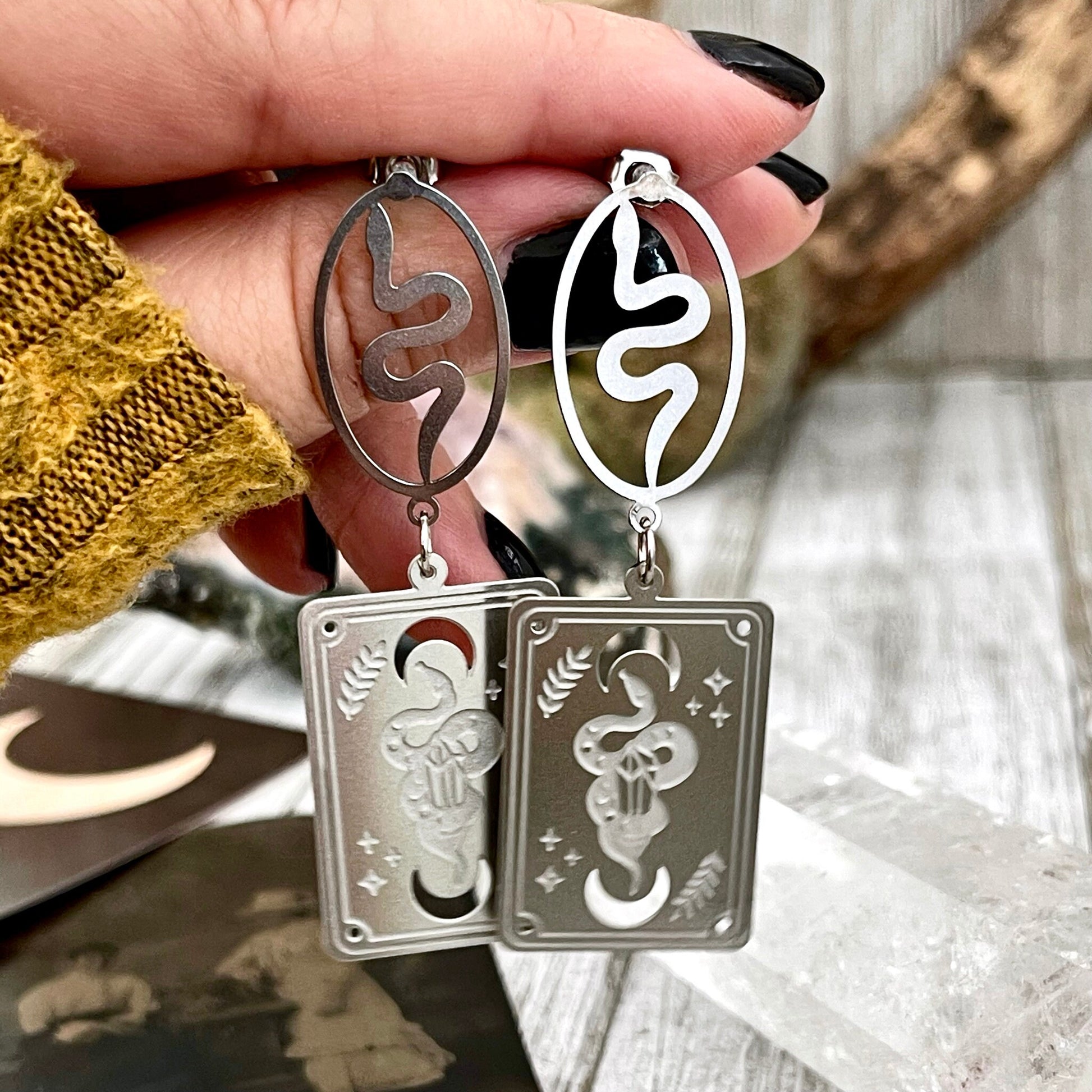 Snake and Tarot Card Stainless Steel Earrings /  Serpent Earrings  - Long Dangly Geometric Earrings.