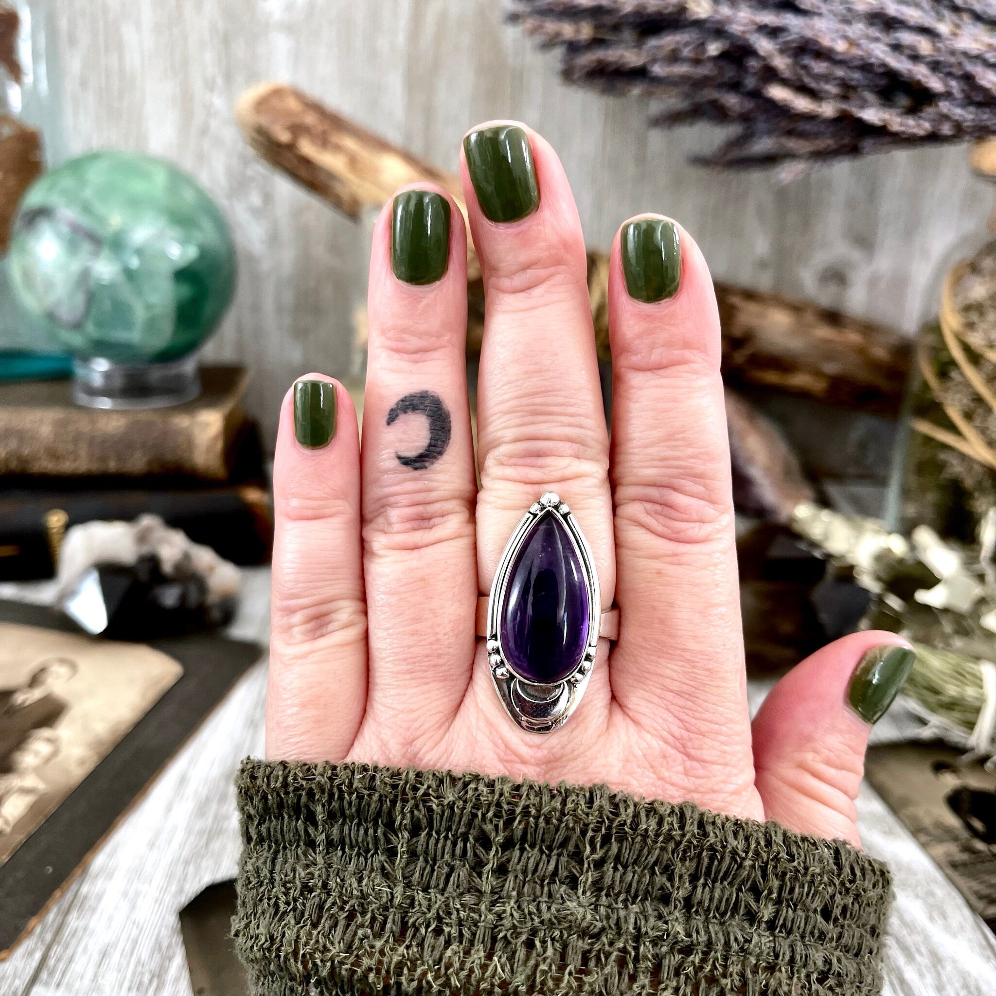 Midnight Moon Amethyst Teardrop Crystal Ring in Solid Sterling 