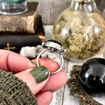 Black Onyx Oval Crystal Statement Ring in Sterling Silver - Designed by FOXLARK Collection Adjustable to Size 6 7 8 9 | Stone Ring.