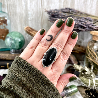 Black Onyx Oval Crystal Statement Ring in Sterling Silver - Designed by FOXLARK Collection Adjustable to Size 6 7 8 9 | Stone Ring.