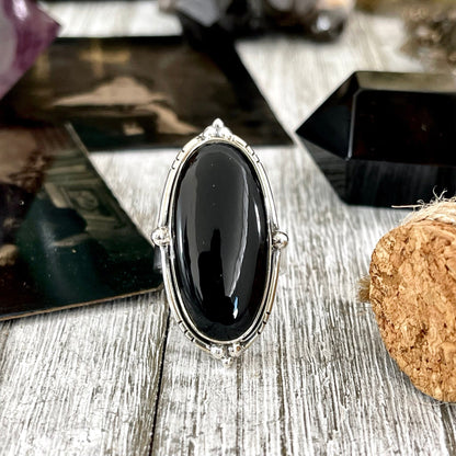 Black Onyx Oval Crystal Statement Ring in Sterling Silver - Designed by FOXLARK Collection Adjustable to Size 6 7 8 9 | Stone Ring.