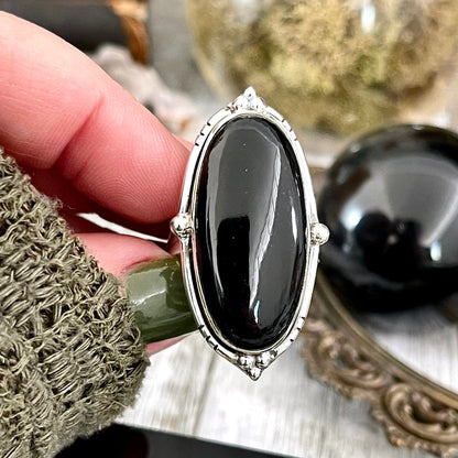 Black Onyx Oval Crystal Statement Ring in Sterling Silver - Designed by FOXLARK Collection Adjustable to Size 6 7 8 9 | Stone Ring.