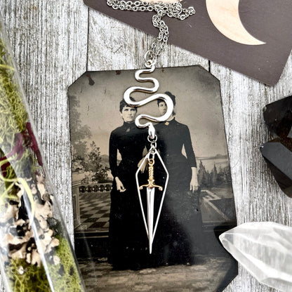 925 Sterling Silver, boho jewelry, Etsy ID: 1640899984, Gift for Woman, Gothic Jewelry, Jewelry, Layered charm, Necklaces, Pendants, Snake talisman, Sterling Silver, sword necklace, Talisman Necklace, TINY TALISMANS, Witch Jewelry, Witch necklace, Witchy