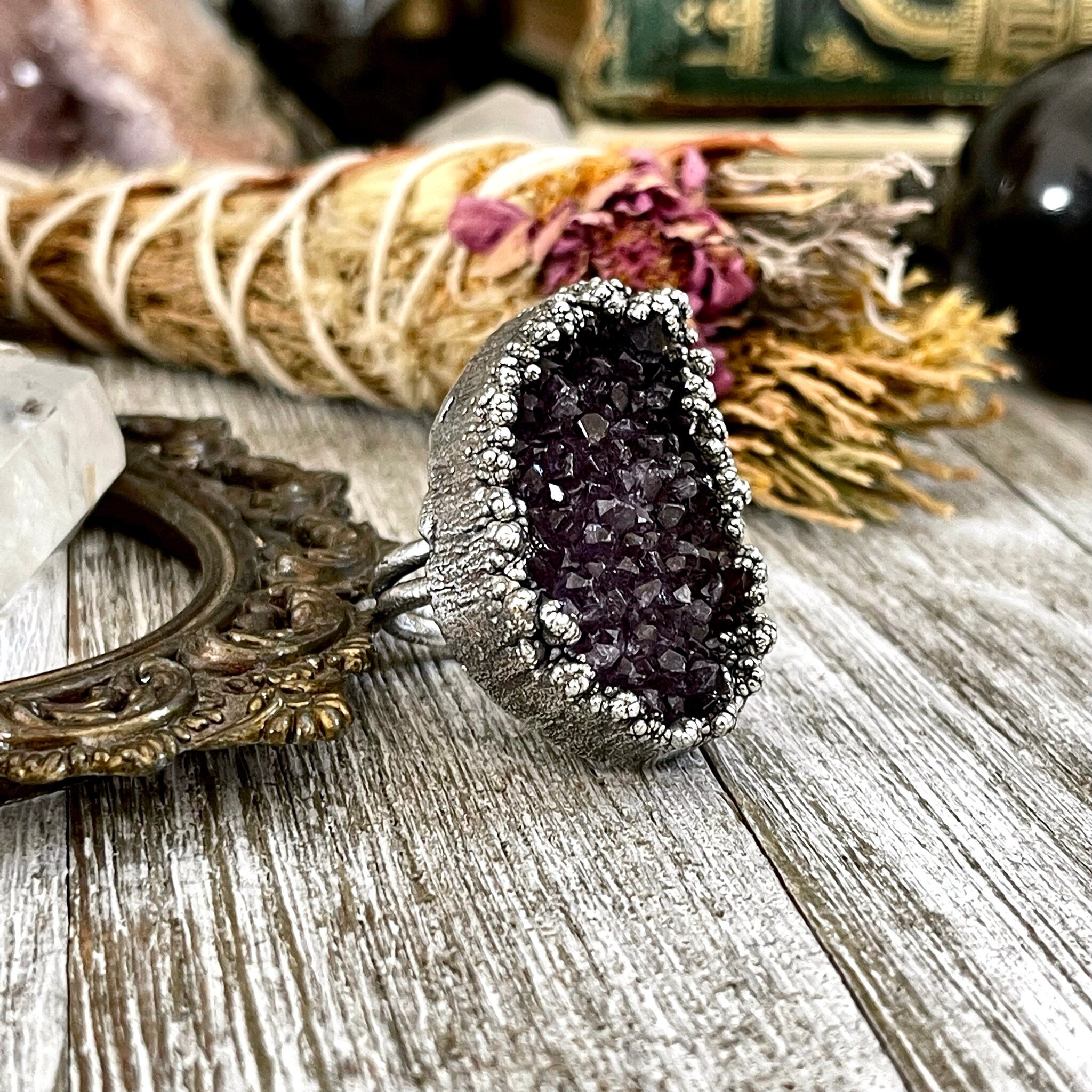 Size outlets 7.5 Big Raw Amethyst Purple Crystal Ring in Fine Silver / Foxlark Collection - One of a Kind