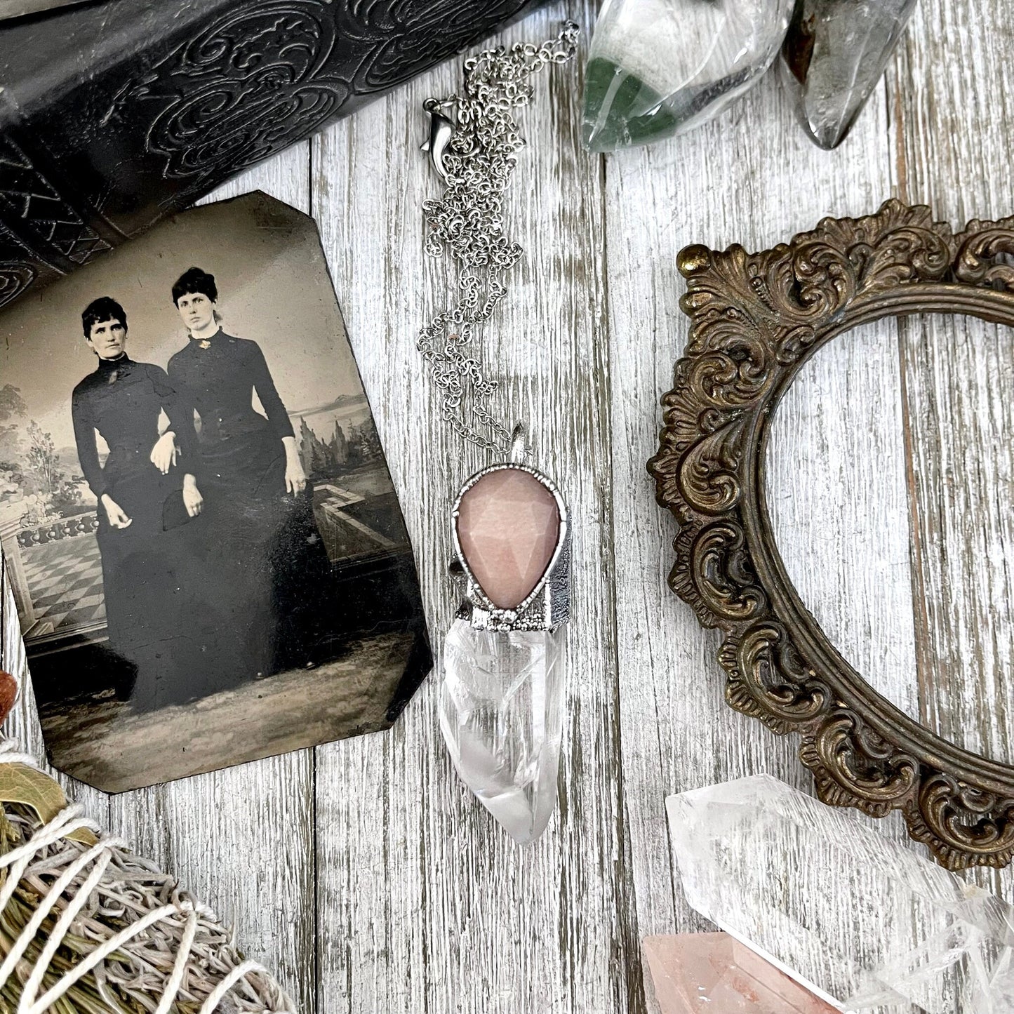 Raw Clear Quartz & Peach Moonstone Crystal Necklace in Fine Silver / Foxlark Collection - One of a Kind / Pink Stone Jewelry