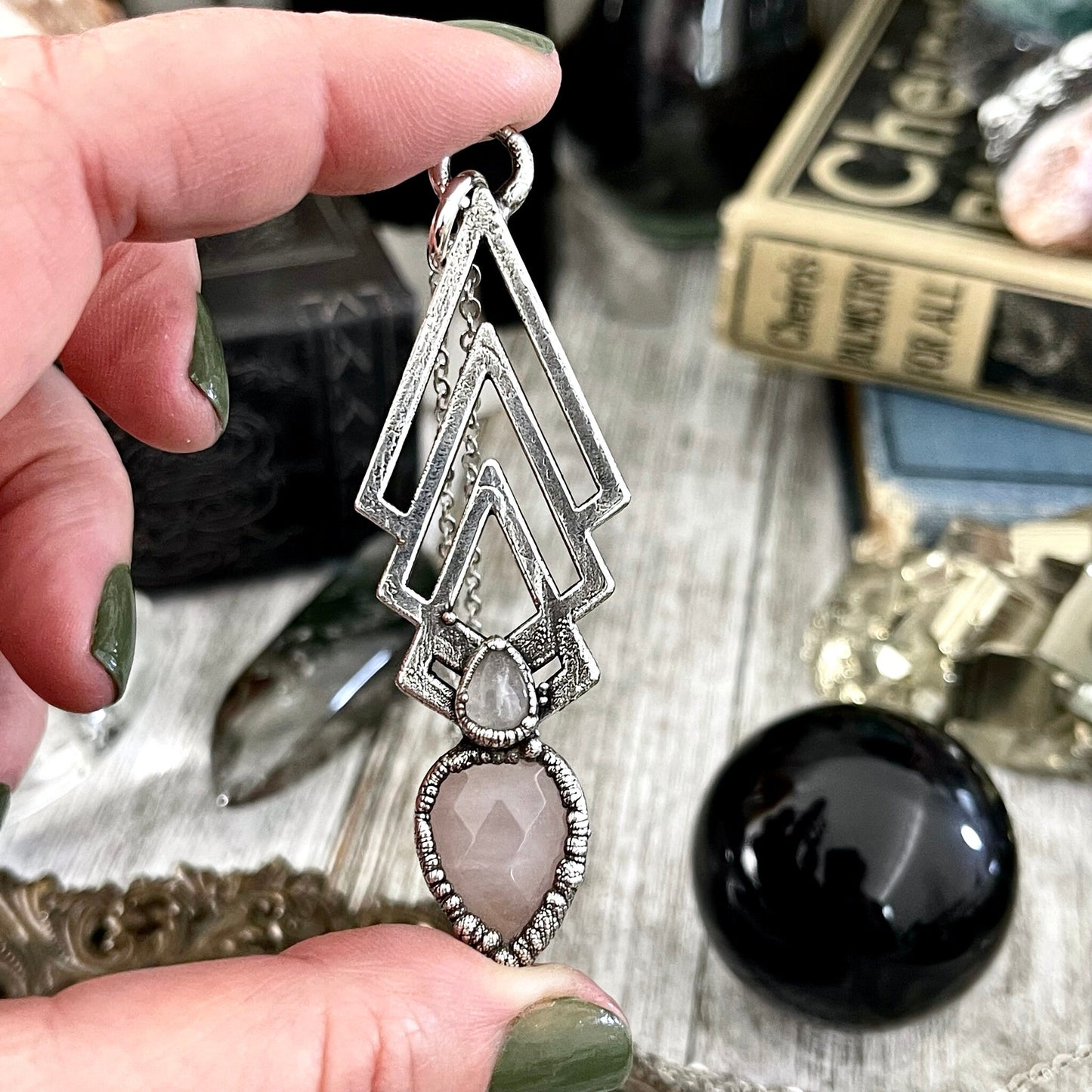 Moss & Moon Collection - Rose and Clear Quartz Statement Necklace set in Fine Silver / / Punk Alternative Witchy Pendent Gemstone Jewelry