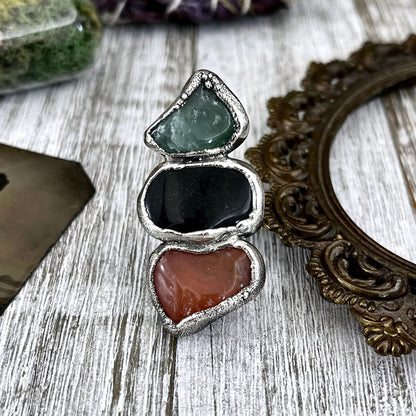 Size 9 Crystal Ring - Three Stone Ring Black Onyx Carnelian Aventurine Silver Ring / Foxlark Collection - One of a Kind / Crystal Jewelry