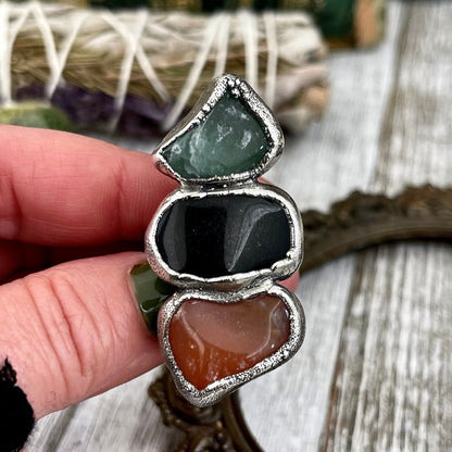 Size 9 Crystal Ring - Three Stone Ring Black Onyx Carnelian Aventurine Silver Ring / Foxlark Collection - One of a Kind / Crystal Jewelry