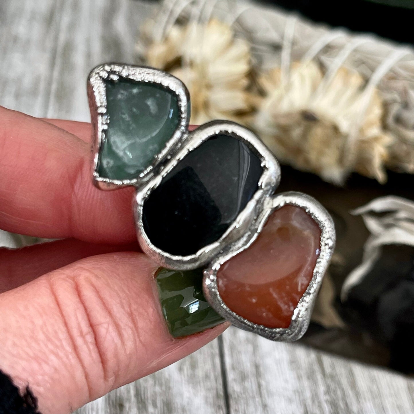 Size 9 Crystal Ring - Three Stone Ring Black Onyx Carnelian Aventurine Silver Ring / Foxlark Collection - One of a Kind / Crystal Jewelry