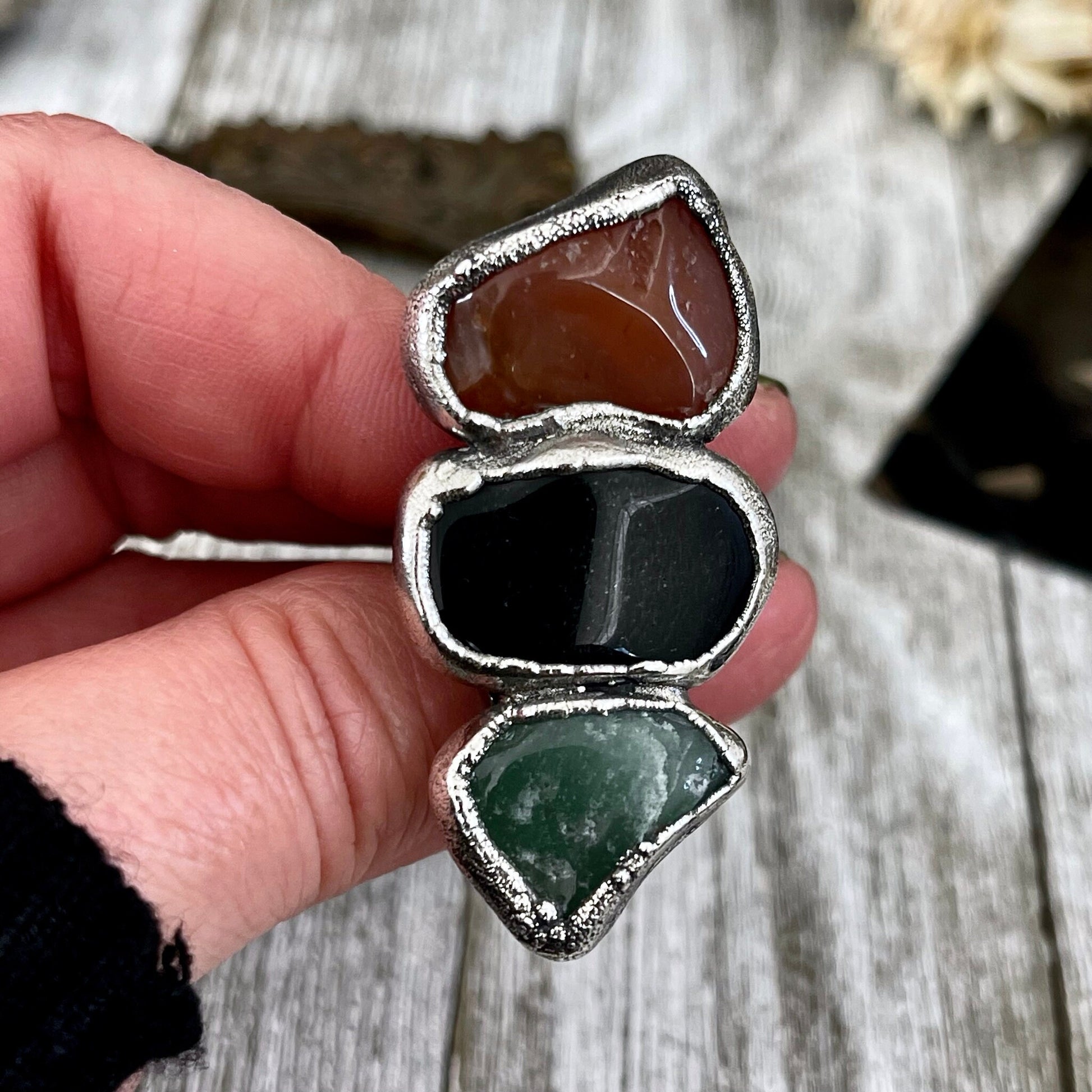 Size 9 Crystal Ring - Three Stone Ring Black Onyx Carnelian Aventurine Silver Ring / Foxlark Collection - One of a Kind / Crystal Jewelry