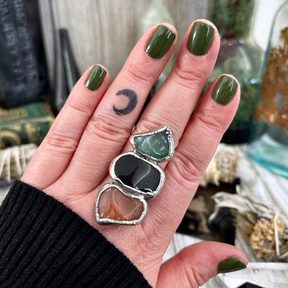 Size 9 Crystal Ring - Three Stone Ring Black Onyx Carnelian Aventurine Silver Ring / Foxlark Collection - One of a Kind / Crystal Jewelry