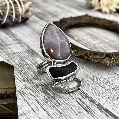 Size 8.5 Crystal Ring - Three Stone Ring Fancy Moss Agate Black Onyx & Raw Quartz Silver Ring / Foxlark Collection - One of a Kind Jewelry