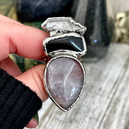 Size 8.5 Crystal Ring - Three Stone Ring Fancy Moss Agate Black Onyx & Raw Quartz Silver Ring / Foxlark Collection - One of a Kind Jewelry